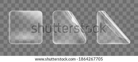 Transparent glued square stickers with curled corners mock up set. Blank adhesive paper or plastic sticker label with curled effect. Template label tags close up. 3d realistic vector icon