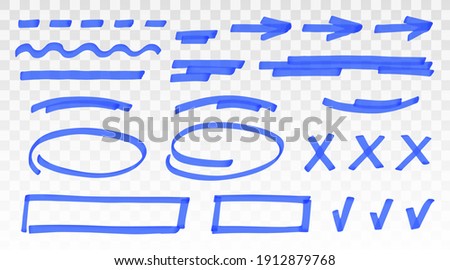 Blue highlighter set - lines, arrows, crosses, check, oval, rectangle isolated on transparent background. Marker pen highlight underline strokes. Vector hand drawn graphic stylish element