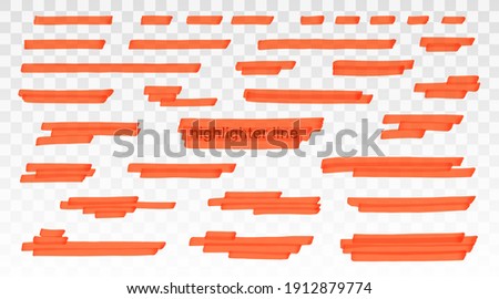 Orange highlighter lines set isolated on transparent background. Marker pen highlight underline strokes. Vector hand drawn graphic stylish element