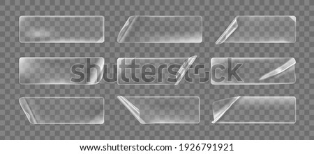 Transparent glued crumpled rectangle stickers with curled corners mock up set. Blank adhesive transparent paper or plastic sticker label with curled and wrinkled effect. 3d realistic vector icon