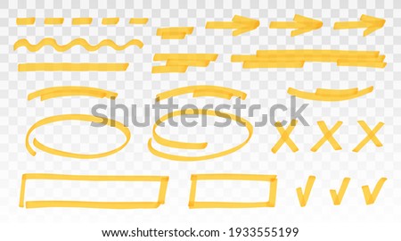Yellow highlighter set - lines, arrows, crosses, check, oval, rectangle isolated on transparent background. Marker pen highlight underline strokes. Vector hand drawn graphic stylish element