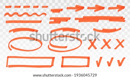 Orange highlighter set - lines, arrows, crosses, check, oval, rectangle isolated on transparent background. Marker pen highlight underline strokes. Vector hand drawn graphic stylish element