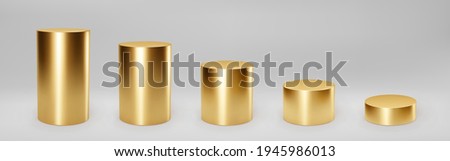 Gold 3d cylinder set front view and levels with perspective isolated on grey background. Cylinder pillar, golden pipe, museum stages, pedestals or product podium. 3d basic geometric shapes vector