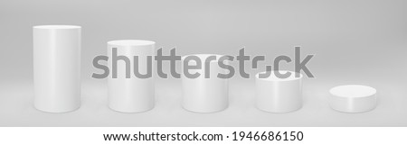 White 3d cylinder front view and levels with perspective isolated on grey background. Cylinder pillar, empty museum stages, pedestals or product podium. 3d basic geometric shapes vector illustration Stock foto © 