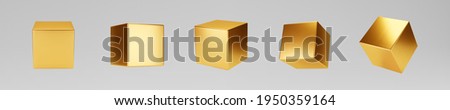 3d gold metallic cubes set isolated on grey background. Render a rotating glossy golden 3d box model with different angles in perspective with lighting and shadow. Realistic vector geometric shapes