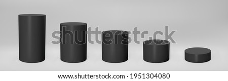 Black 3d cylinder front view and levels with perspective isolated on grey background. Cylinder pillar, empty museum stages, pedestals or product podium. 3d basic geometric shapes vector illustration Stock foto © 
