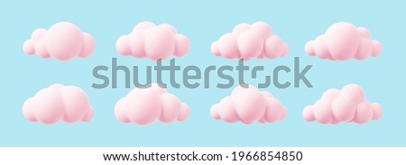 Pink 3d clouds set isolated on a blue background. Render magic sunset clouds icon in the blue sky. 3d geometric shapes vector illustration