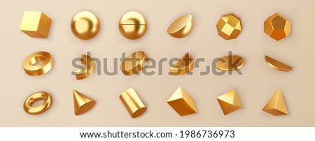 3d render silver geometric shapes objects set isolated on background. Metal glossy chrome realistic primitives - sphere, pyramid, torus with shadows. Abstract decorative vector for trendy design Foto stock © 