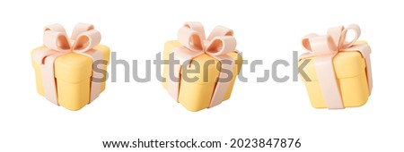 3d orange gift box set with pastel ribbon bow isolated on a white background. 3d render flying modern holiday closed surprise box. Realistic vector icon for present, birthday or wedding banners