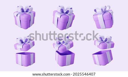 3d purple gift box open and closed set with pastel ribbon bow isolated on a light background. 3d render flying modern holiday surprise box. Realistic vector icon for birthday or wedding banners