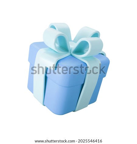 3d blue gift box with pastel ribbon bow isolated on a white background. 3d render flying modern holiday surprise box. Realistic vector icon for present, birthday or wedding banners