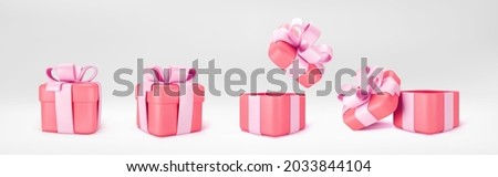 3d red gift boxes open and closed standing on the floor with pink pastel ribbon bow isolated on a light background. 3d render modern holiday surprise box. Realistic vector icons