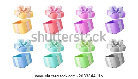 3d color open gift boxes set with pastel ribbon bow isolated on a white background. 3d render flying modern holiday open surprise box. Realistic vector icon for present, birthday or wedding banners