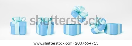 3d blue gift boxes open and closed standing on the floor with pastel ribbon bow isolated on a light background. 3d render modern holiday surprise box. Realistic vector icons
