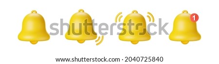 3d notification bell icon set isolated on white background. 3d render yellow notification ringing bell for social media reminder. Realistic vector icon