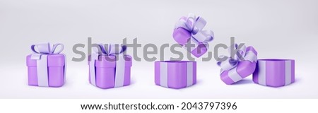 3d purple gift boxes open and closed standing on the floor with pastel ribbon bow isolated on a light background. 3d render modern holiday surprise box. Realistic vector icons
