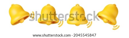 3d notification bell icon set isolated on white background. 3d render yellow ringing bell with new notification for social media reminder. Realistic vector icon Foto stock © 