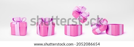 3d pink gift boxes open and closed standing on the floor with pastel ribbon bow isolated on a light background. 3d render modern holiday surprise box. Realistic vector icons