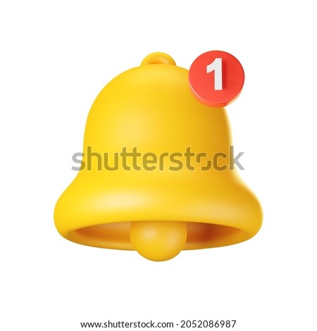 3d notification bell icon isolated on white background. 3d render yellow ringing bell with new notification for social media reminder. Realistic vector icon