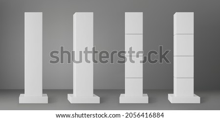 Base white square columns set with rectangular plinth isolated on grey background. Realistic 3d pillar for modern room interior or bridge construction. Vector render pole base for banner or billboard