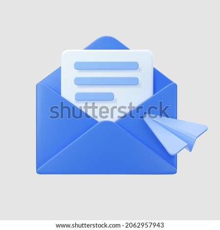 3d blue open mail envelope icon with paper plane isolated on grey background. Render new email notification. 3d realistic minimal vector