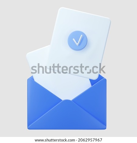 3d blue open mail envelope icon with check mark isolated on grey background. Render approvement concept, email notification with document and check mark icon. 3d realistic vector