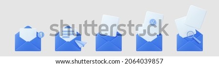 3d blue open mail envelope icon set with marker new message isolated on grey background. Render email notification with letters, check mark, paper plane and magnifying glass icons. 3d realistic vector Stock foto © 