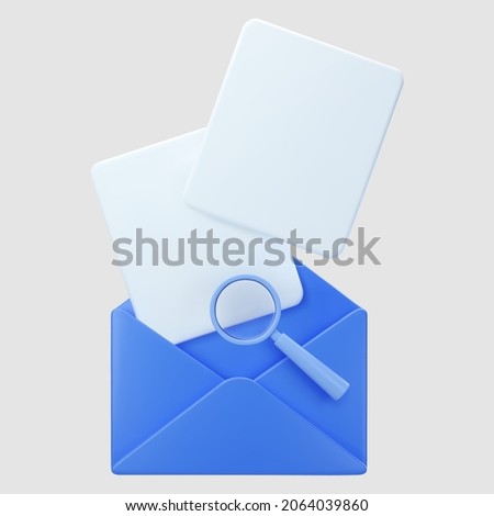 3d blue open mail envelope icon with magnifying glass isolated on grey background. Render approvement concept, email notification with document. 3d realistic vector