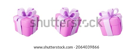 3d pink gift box set with pastel ribbon bow isolated on a white background. 3d render flying modern holiday closed surprise box. Realistic vector icon for present, birthday or wedding banners