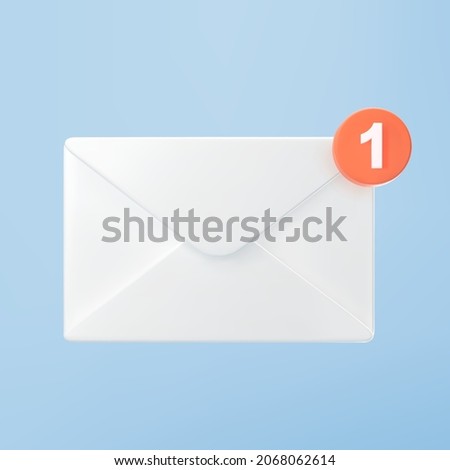 3d white closed mail envelope icon with orange marker new message isolated on blue background. Render new unread email notification. 3d realistic minimal vector