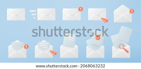 3d white mail envelope icon set with orange marker new message isolated on blue background. Render email notification with letter, check mark, paper plane and magnifying glass icon 3d realistic vector