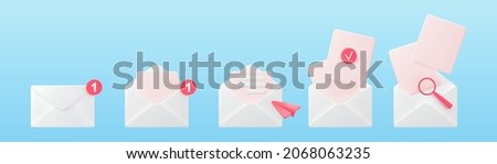 3d white open mail envelope icon set with pink marker new message isolated on blue background. Render email notification with letters, check mark, paper plane and magnifying glass. Realistic vector