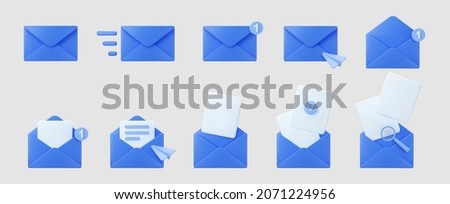 3d blue mail envelope icon set with marker new message isolated on grey background. Render email notification with letters, check mark, paper plane and magnifying glass icons. 3d realistic vector