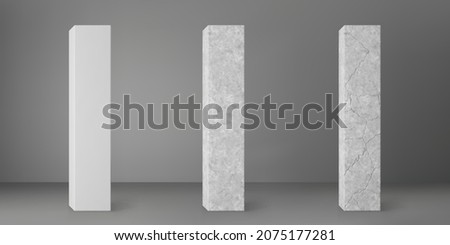 Concrete square columns set with cracks isolated on grey background. Realistic old cement 3d pillar for modern room interior or bridge construction. Concrete pole base