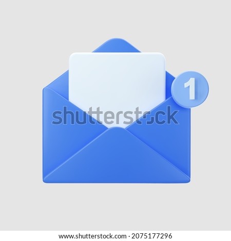 3d blue open mail envelope icon with marker new message isolated on grey background. Render new email notification. 3d realistic minimal vector