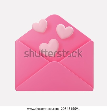 3d open pink mail envelope icon with flying hearts isolated on grey background. Render giving love email for Mother and Valentines Day greetings. 3d realistic vector