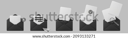 3d black open mail envelope icon set with marker new message isolated on grey background. Render email notification with letters, check mark, paper plane, glass icons. 3d realistic vector