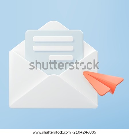 3d white open mail envelope icon with orange paper plane isolated on blue background. Render new email notification. 3d realistic minimal vector