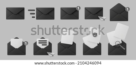 3d black mail envelope icon set with marker new message isolated on grey background. Render email notification with letters, check mark, paper plane and magnifying glass icons. 3d realistic vector