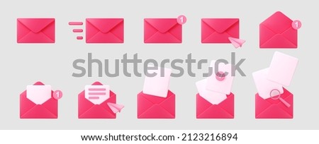 3d pink mail envelope icon set with marker new message isolated on grey background. Render pink email notification with letters, check mark, paper plane and magnifying glass. 3d realistic vector