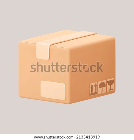 3D cardboard closed box icon with symbols isolated on gray background. Render delivery cargo box with fragile care sign symbol, handling with care, protection from water rain. 3d realistic vector Zdjęcia stock © 