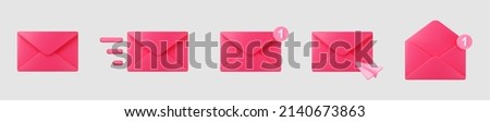 3d pink closed mail envelope icon set with marker new message isolated on grey background. Render pink email notification with letters, check mark, paper plane. 3d realistic vector