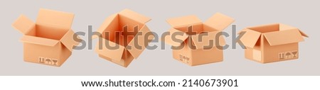 3D cardboard open box icon set with symbols isolated on gray background. Render delivery cargo box with fragile care sign symbol, handling with care, protection from water rain. 3d realistic vector