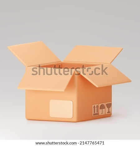 3d cardboard open box icon standing front view isolated on gray background. Render delivery cargo box with fragile care sign symbol, handling with care, protection from water rain. 3d realistic vector