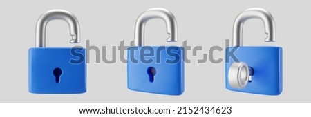 3d blue unlocked padlock icon set with key isolated on gray background. Render minimal open padlock with a keyhole. Confidentiality and security concept. 3d cartoon simple vector illustration