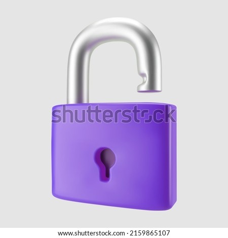 3d purple unlocked padlock icon isolated on gray background. Render minimal open padlock with a keyhole. Confidentiality and security concept. 3d cartoon simple vector illustration