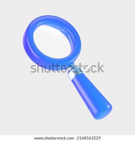 3d blue magnifying glass icon isolated on gray background. Render minimal transparent loupe search icon for finding, reading, research, analysis information. 3d cartoon realistic vector