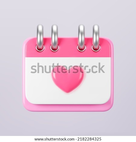 3d pink calendar with heart icon isolated. Render of daily wedding event schedule planner, valentine's day, birthday. Menstrual calendar for control women cycle. 3d cartoon simple vector illustration