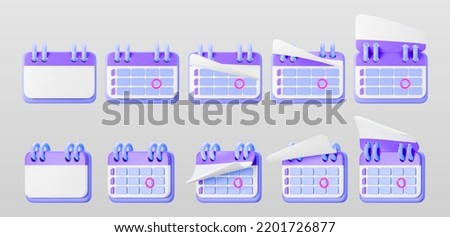 3d purple calendar icons with highlighted circle day and flipping pages. Save the date. Render of weekly schedule planner with mark the date. Calendar important day concept. 3d cartoon simple vector