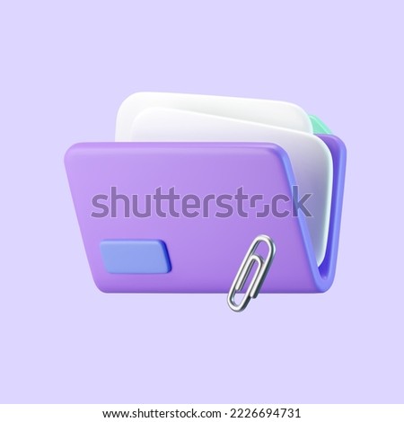 3d purple computer file folder icon with blank document and clip paper isolated on background. Render folder with paper for management file concept. 3d cartoon simple vector illustration